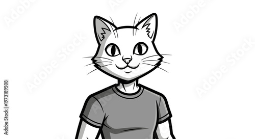 Black and white illustration of an anthropomorphic cat character wearing a t-shirt.