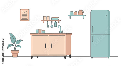 Modern minimalist kitchen interior illustration with refrigerator and cabinets