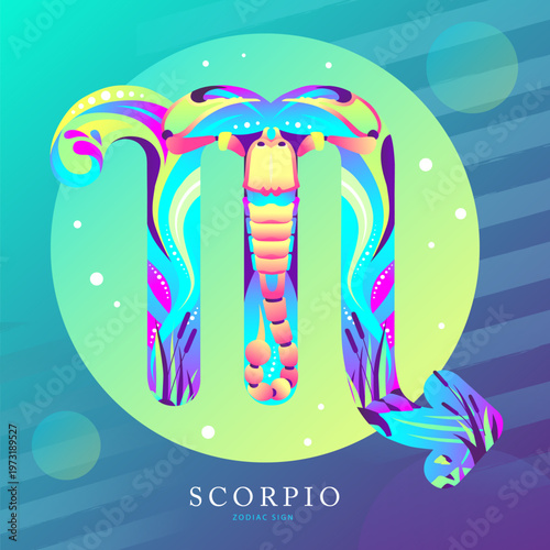 Modern magic witchcraft card with astrology Scorpio zodiac sign on fluorescent background. Flat design. vector illustration