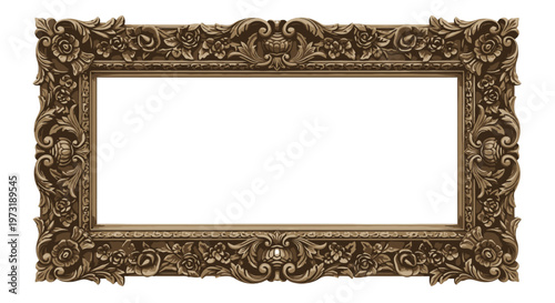 Ornate vintage brown frame with baroque floral carvings isolated on white background.