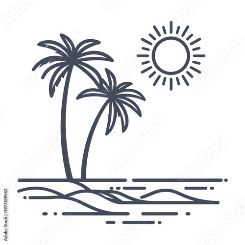 Vector of a sunny beach with palm trees and a bright sun