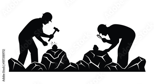 Two figures work with rocks and tools one chipping away while the other examines finds depicted as a silhouette high quality