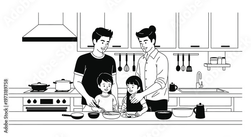A family of four interacts warmly in a modern kitchen preparing food together presented as a striking silhouette high quality professional