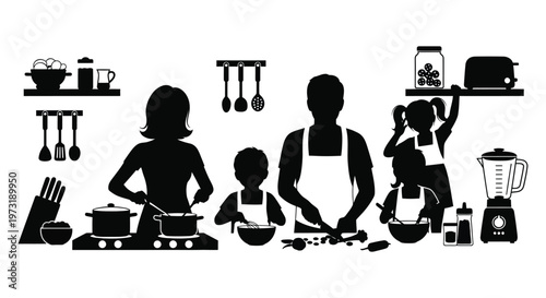 A family collaboratively cooks and enjoys time together in the kitchen depicted as a striking silhouette high quality professional detailed modern