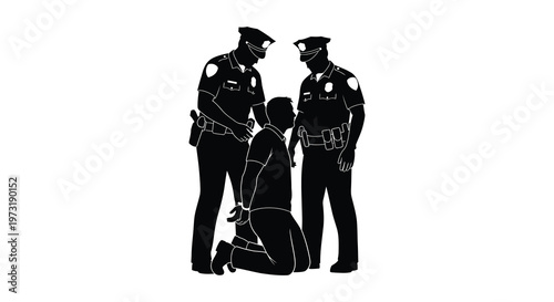 A stark depiction of a police encounter showing officers with a kneeling suspect presented as a silhouette high quality professional detailed