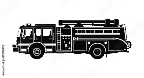 A stark black silhouette depicts a detailed fire truck showcasing its equipment and form a striking silhouette high quality professional modern