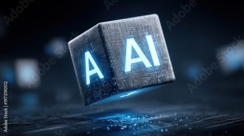 Futuristic AI cube glowing with digital data, representing artificial intelligence and advanced technology
