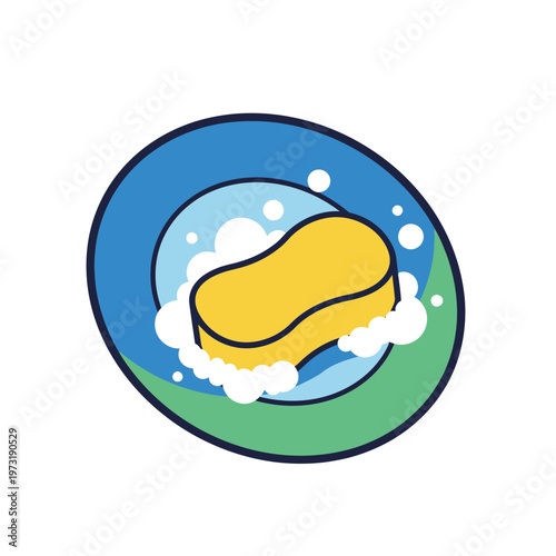 Yellow sponge with soap suds in a blue and green circle, representing cleaning and hygiene.