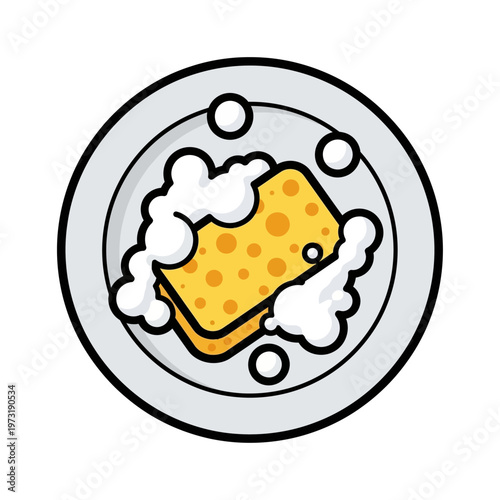 Yellow sponge with soap suds on a plate, dishwashing concept, clean dishes icon
