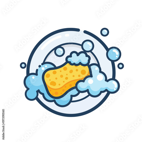Cartoon Dishwashing Icon: Sponge and Bubbles Cleaning Plate