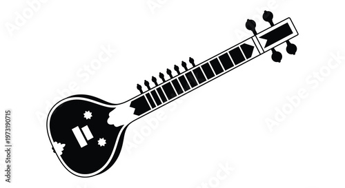 A striking black silhouette depicts a traditional sitar instrument showcasing its unique form and intricate details silhouette high quality professional