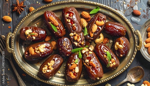 A platter of stuffed dates with nuts and herbs on a decorative tray