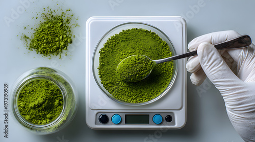 Matcha powder weighed on digital scale in laboratory setup, green tea ingredient quality control concept, weighing in laboratory glassware