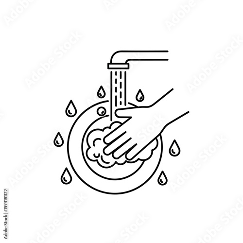 Hand washing dishes with soap and water in sink, hygiene and cleanliness icon