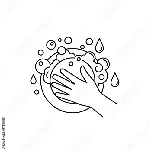 Hand washing dishes with soap bubbles and water drops, line art illustration