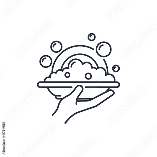 Hand Washing Dishes with Soap Bubbles, Kitchen Hygiene Icon