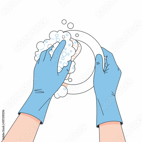 Hands in blue gloves washing a plate with a sponge and foam