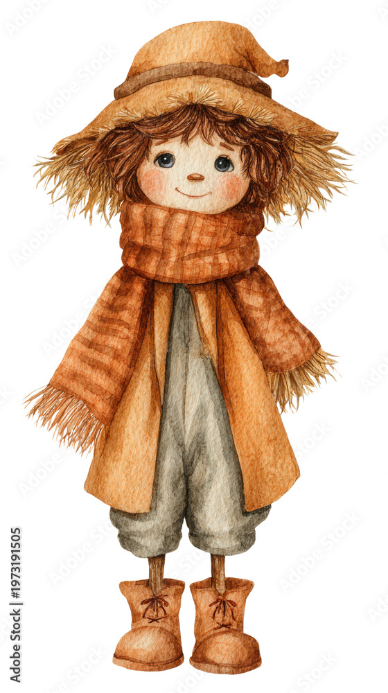 Obraz premium Watercolor cute doll scarecrow straw boy wearing brown knitted scarf on Halloween holiday clip art illustration