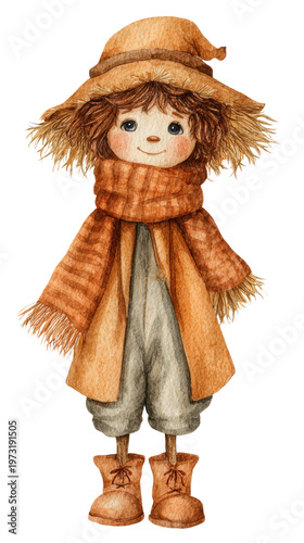 Watercolor cute doll scarecrow straw boy wearing brown knitted scarf on Halloween holiday clip art illustration