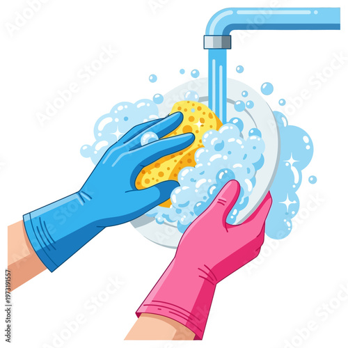 Hands in gloves washing dishes with sponge and soap bubbles under running water