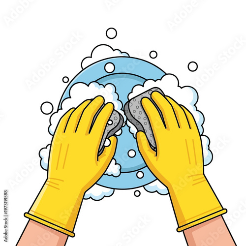 Hands in yellow gloves washing a plate with a sponge and soap bubbles