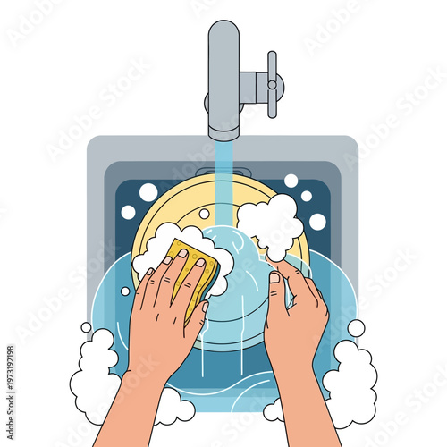 Hands washing dishes with sponge in kitchen sink, water and soap bubbles