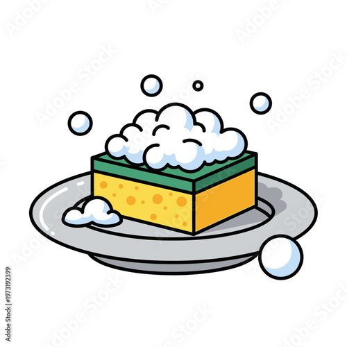 Sponge with Soap Suds on Plate, Cleaning Dishwashing Illustration