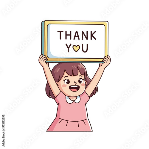 Happy Girl Holding "Thank You" Sign with Heart Icon, Cartoon Style
