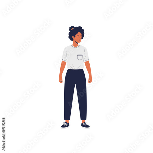 Young Woman Standing Confidently, Casual Outfit, Isolated on White Background