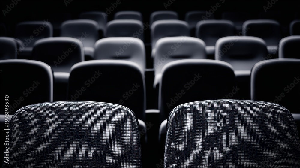 Fototapeta premium Empty movie theater seats in rows under dim lighting, ready for an audience