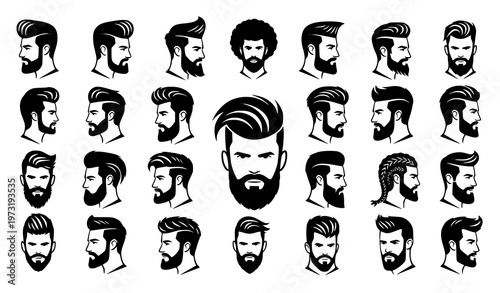 Stylish Men Hair and Beard Silhouette Profiles Circular Layout Male Grooming Icon Collection Vector