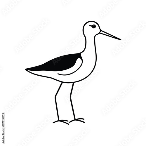 Minimalist line art of a sandpiper bird with long beak and legs on white background.