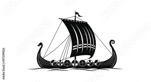 A striking depiction of a traditional viking longship sailing on water rendered as a bold silhouette high quality professional detailed modern