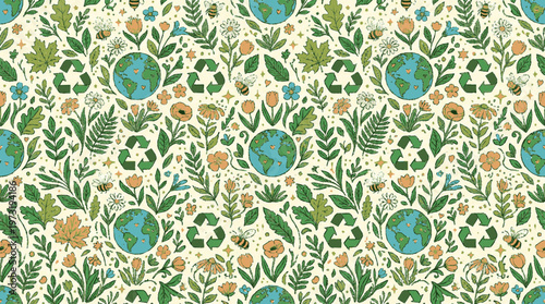 A colorful vector illustration of the Earth surrounded by lush greenery and vibrant flowers in a repeating pattern