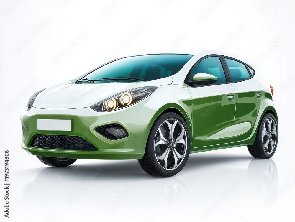 Obraz premium Modern Green And White Compact Car Isolated On White Background, Eco-Friendly Vehicle Concept