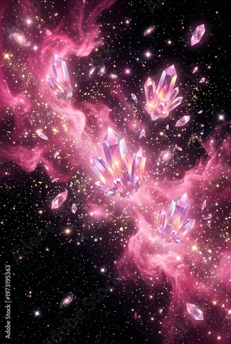 Iridescent Crystals Floating in Pink Nebula Cosmic Fantasy Scene