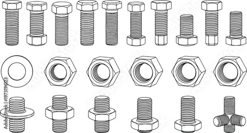 Canvas Print Bolt Nut and Washer Outline Collection Featuring Threaded Fasteners Hardware Com