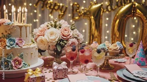 Birthday Celebration With Cake And Drinks.