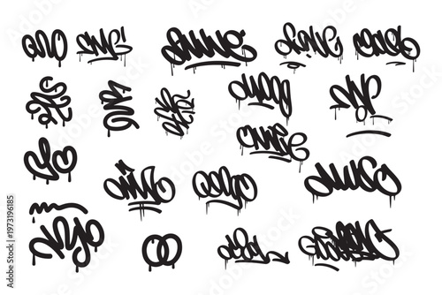 A collection of black graffiti tags with dripping paint effect on a clean white background