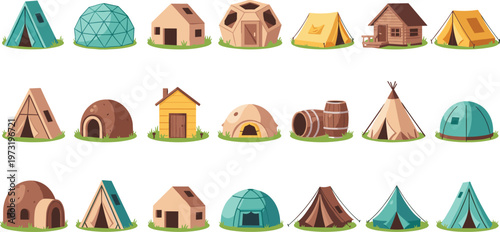 Camping Tent and Shelter Collection Featuring Cabins Igloos Teepees and Outdoor Survival Housing for Adventure Travel Nature Illustration and Rustic Design Set