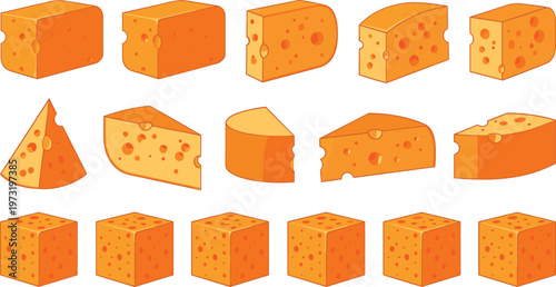 Cheese Collection Featuring Different Shapes Slices Blocks Cubes and Wedges with Holes for Dairy Food Illustration and Culinary Design Set