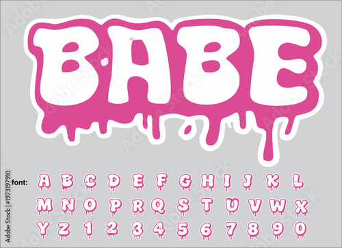 Fun and playful dripping bubble font alphabet set in bright pink with white fill and bold outline. Includes uppercase letters A–Z and numbers 0–9 in a gooey, melting style. Perfect for kids designs, s