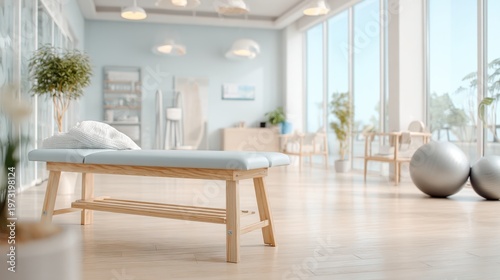 Bright and airy wellness studio with massage table, exercise balls, and large windows.