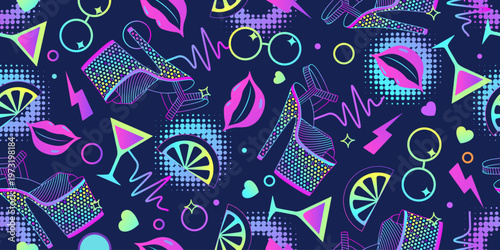 Fluorescent seamless retro pattern of 80s-90s with disco and music elements. Pop art disco banner.  Memphis style background. Vector illustration