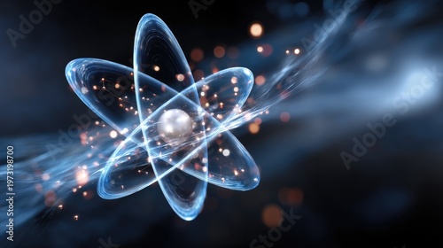 Abstract representation of an atom with glowing particles and energy waves on a dark background for scientific themes and digital design