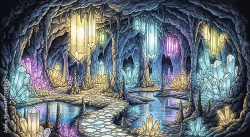 Magical underground cave with glowing crystals and water.