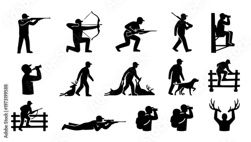 Hunting and Outdoor Activities Silhouette Set – Hunter, Rifle, Bow, Dog, Deer Tracking Icons
