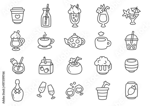 Kawaii beverage icon set. Collection of cute drink symbols including coffee, tea, smoothies, cocktails, milkshakes and soda. Doodle monochrome illustrations. Vector 10 EPS.