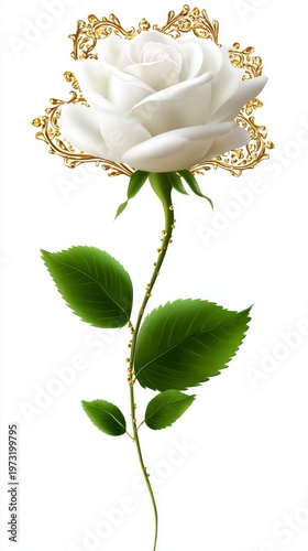 A stunning white rose rises gracefully from a slender green stem. Intricate golden embellishments surround the bloom, adding an elegant touch. Perfect for expressing love and beauty