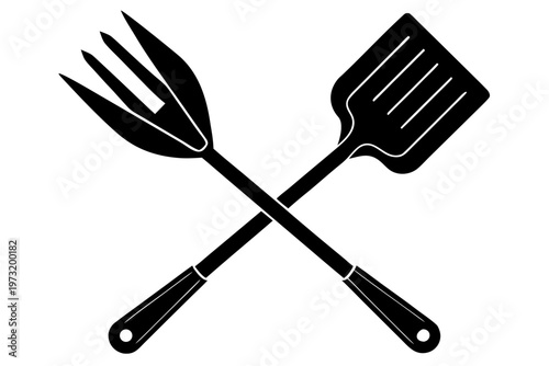 Kitchen utensils vector illustration. grill fork and spatula tool black silhouette vector